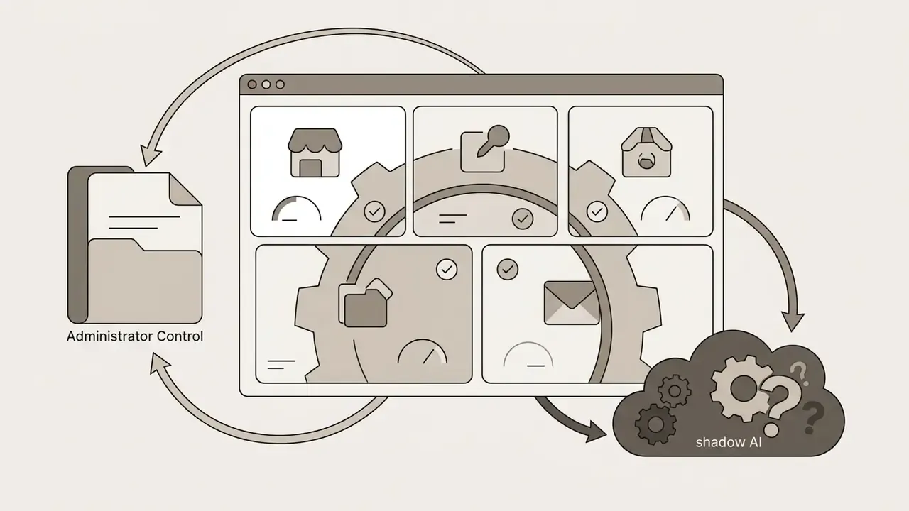 Administrator control panel with policy icons connecting to a cloud representing shadow AI growth