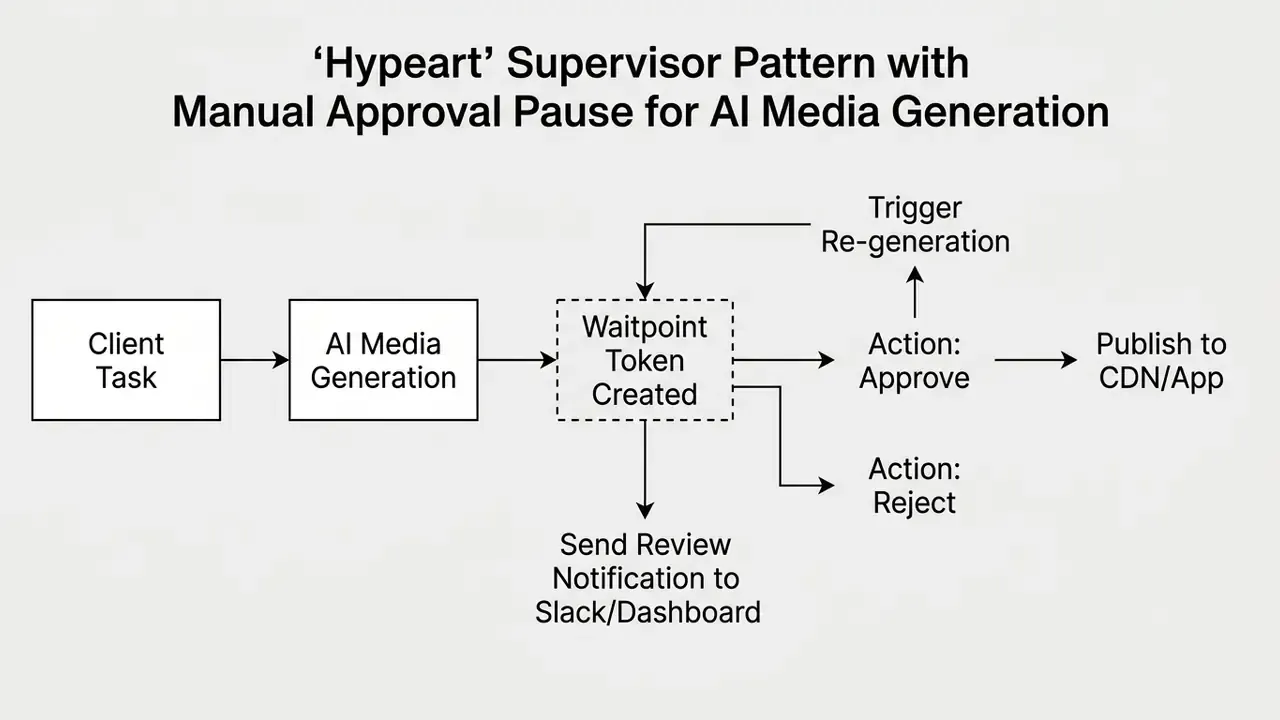 Flowchart showing an AI media generation process with a waitpoint for manual approval or rejection
