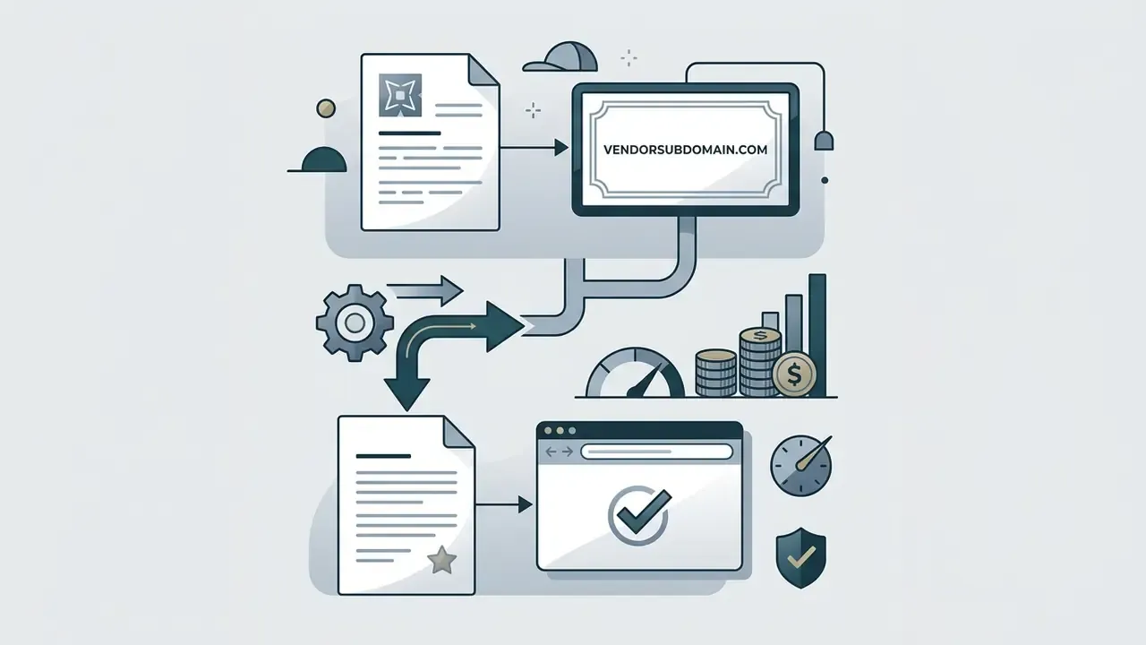 Document feeding into a vendor subdomain website with gear and currency icons representing paid upgrades
