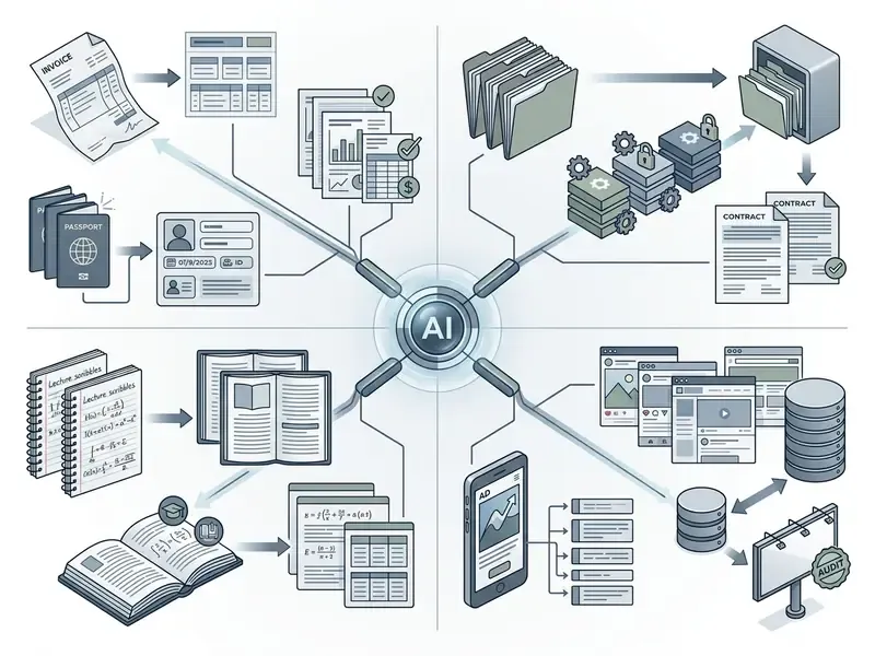 Central AI engine processing diverse documents for finance, legal, education, and marketing workflows