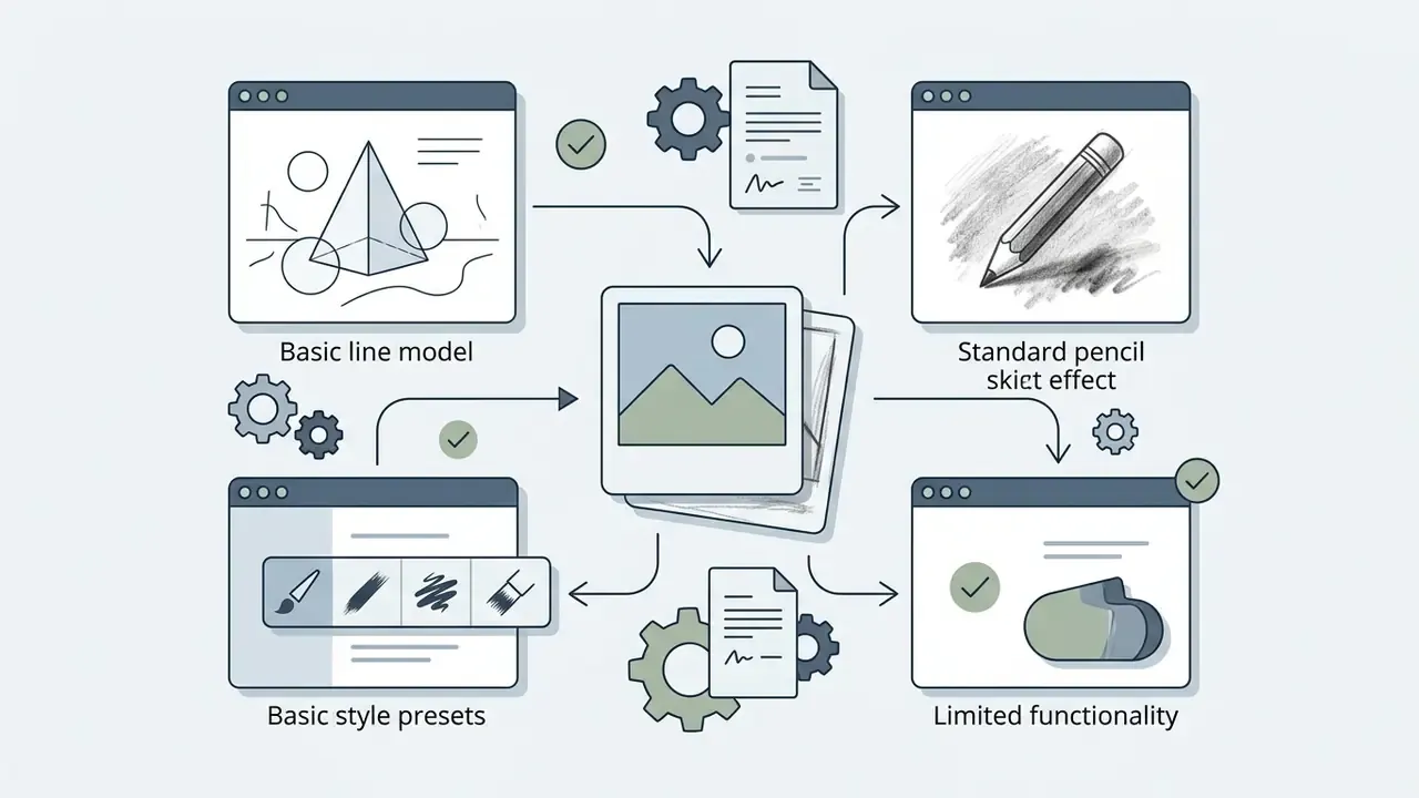 Central photo icon connected to browser windows showing line art, pencil effects, and style presets