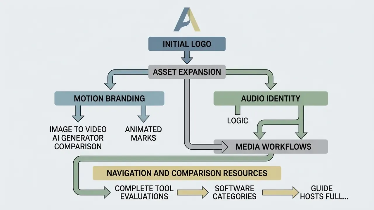 System map showing how an initial logo expands into motion branding, audio identity, and media workflows