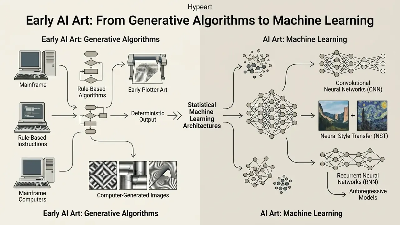 Diagram comparing rule-based generative algorithms with statistical machine learning architectures