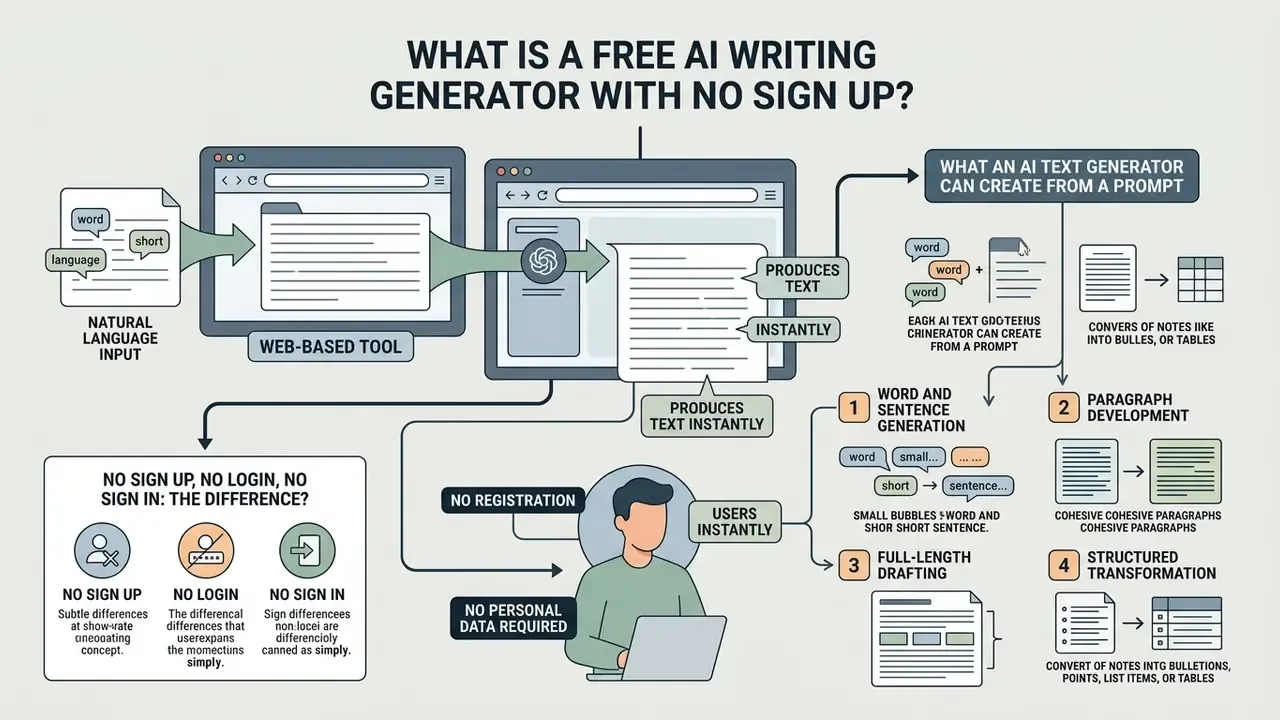 Infographic explaining how a free AI writing generator with no sign up processes prompts into text
