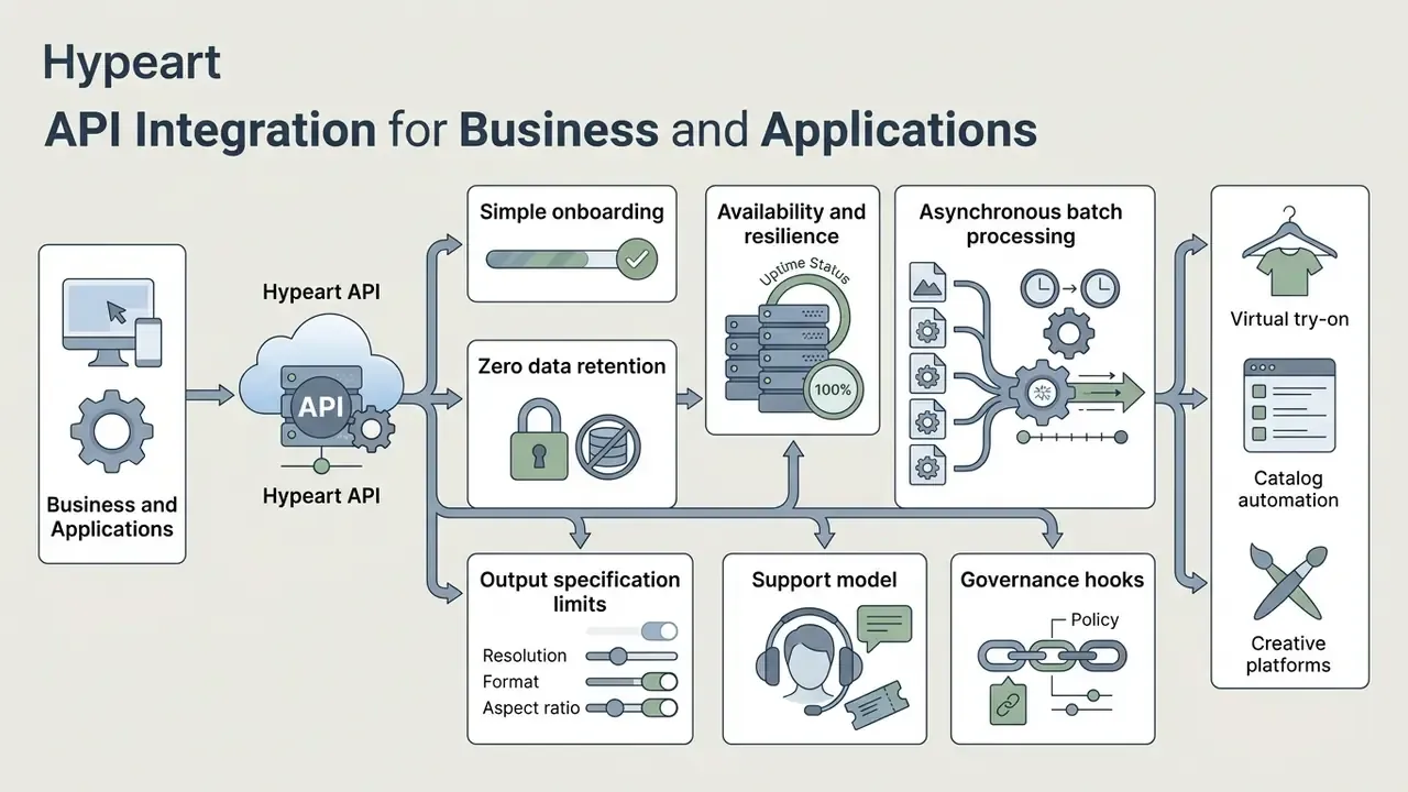 Technical workflow showing API integration steps for business applications and virtual try-on features