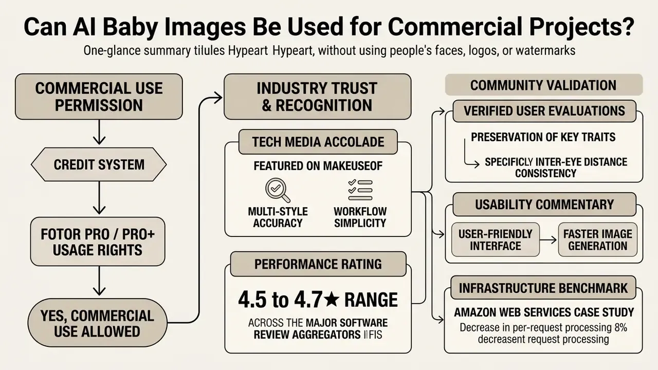 Summary of commercial usage rights, industry recognition, and performance benchmarks for AI image tools