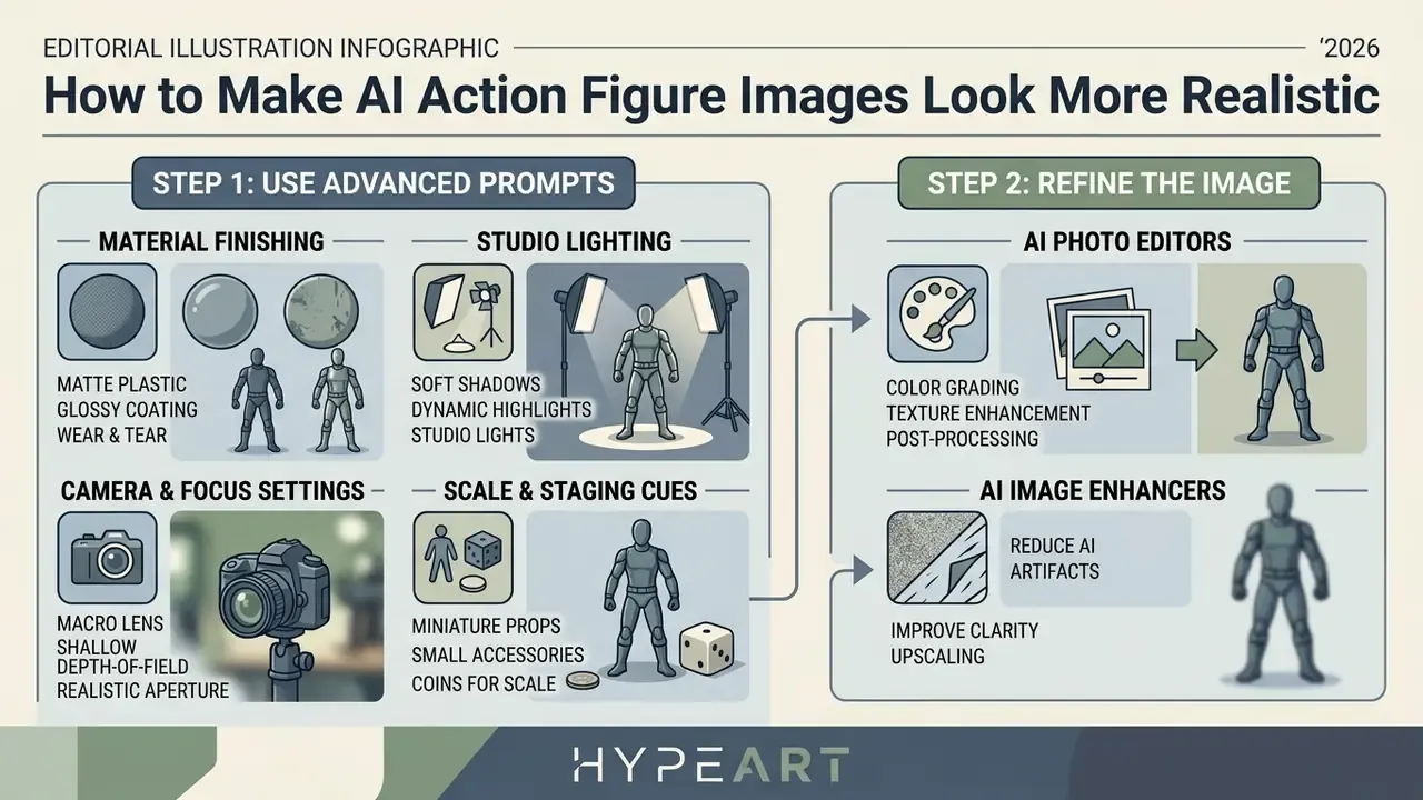 Two-step guide showing prompt techniques and post-processing tools for creating realistic toy visuals