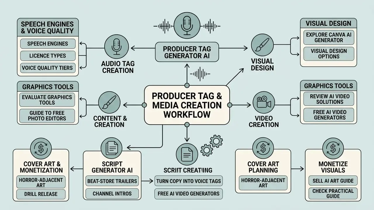 Flowchart connecting audio, visual, and video creation tools for a comprehensive media production workflow