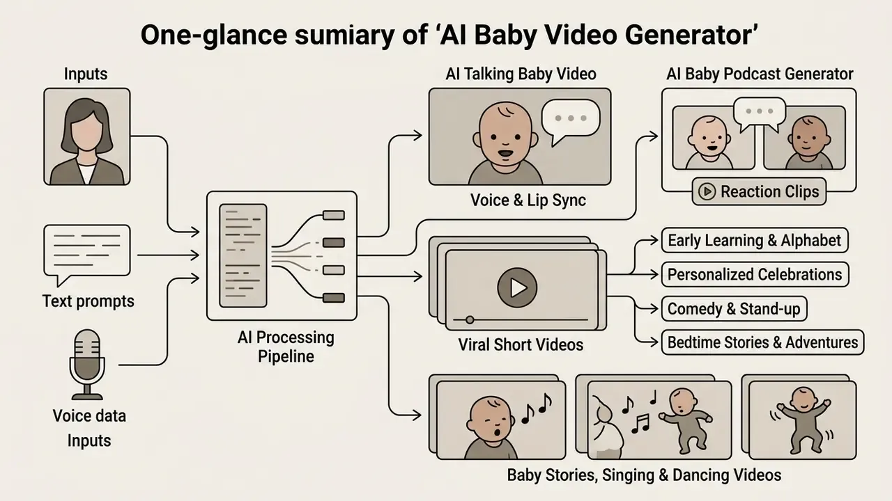 Diagram showing how an AI baby video generator processes text, voice and images into animated content