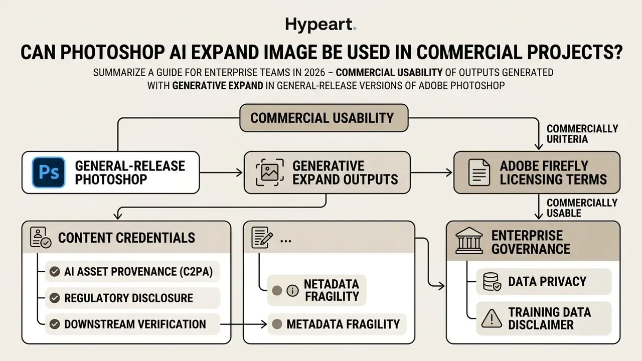 Diagram mapping commercial usability of Generative Expand outputs to licensing, governance, and metadata