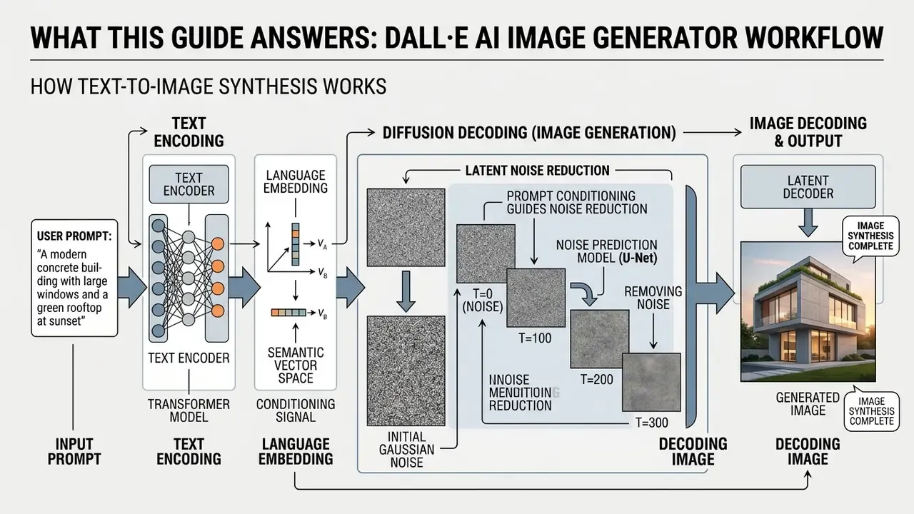Flowchart showing the DALL-E process from text prompt encoding to latent noise reduction and image decoding