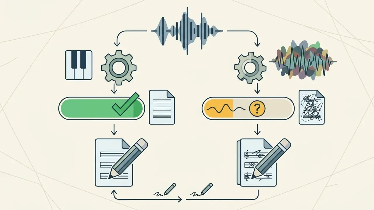 Comparison of clean piano versus complex audio processing leading to accurate or messy music notation