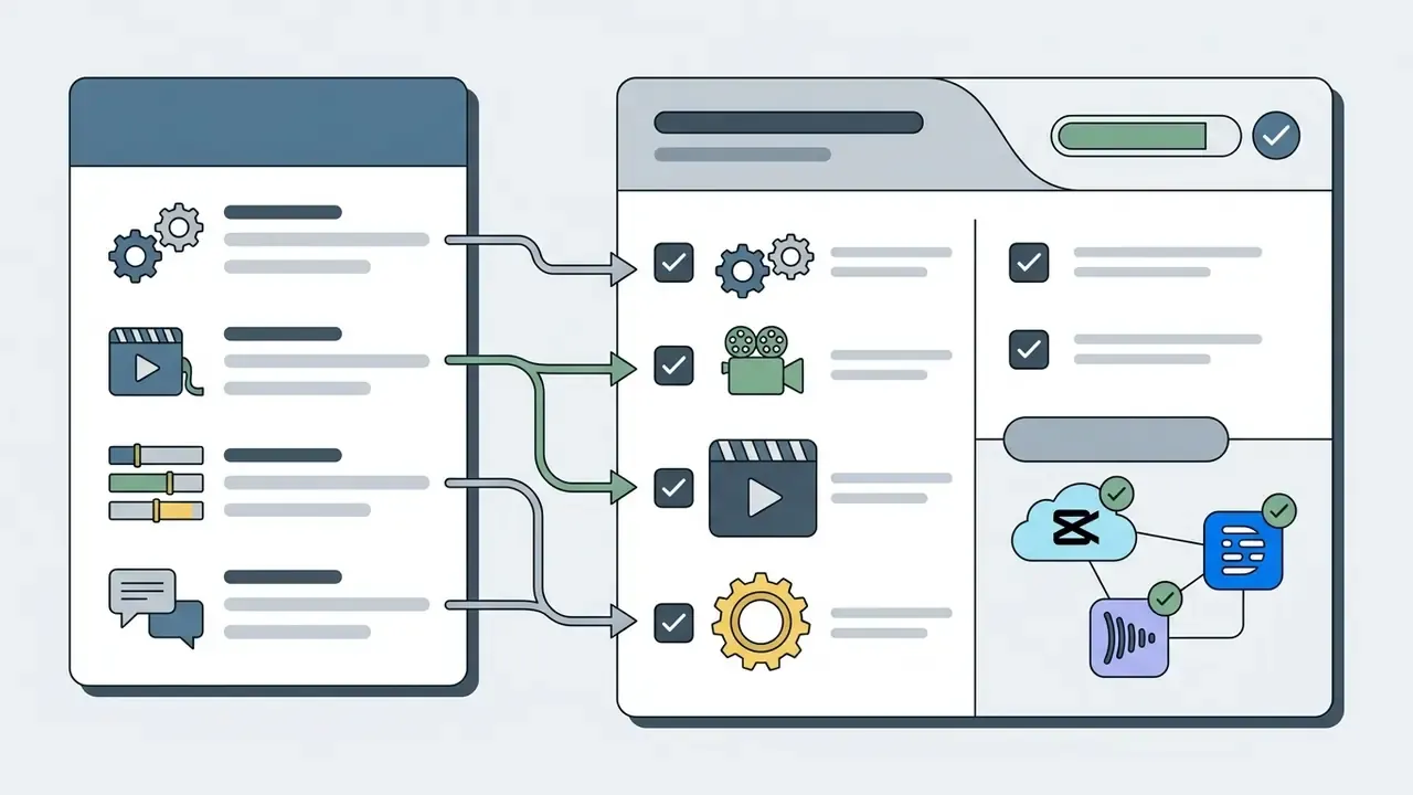 Arrows mapping technical skills from a list onto a checklist with software icons and cloud tools