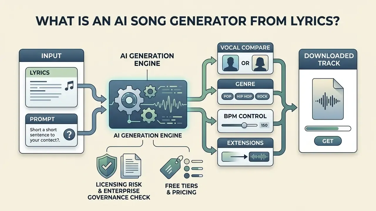 Flowchart showing the process of converting lyrics and prompts into a finished audio track via AI