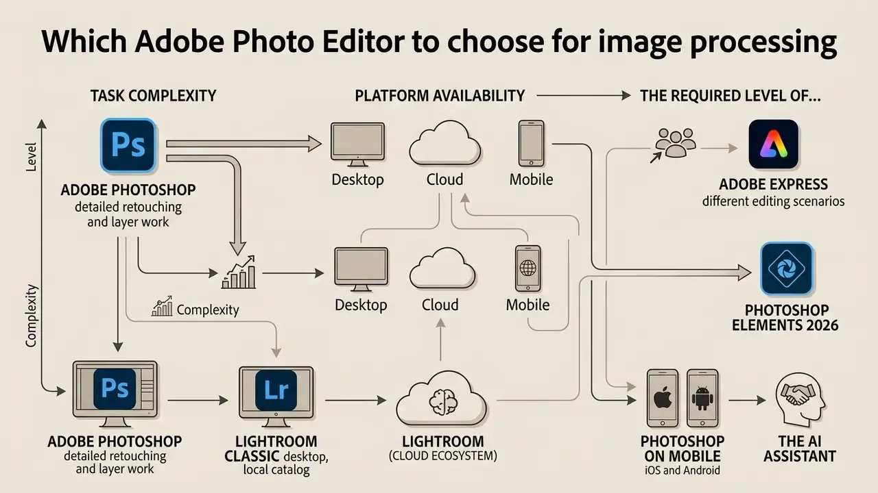 Flowchart comparing Adobe photo editor software based on task complexity and platform availability