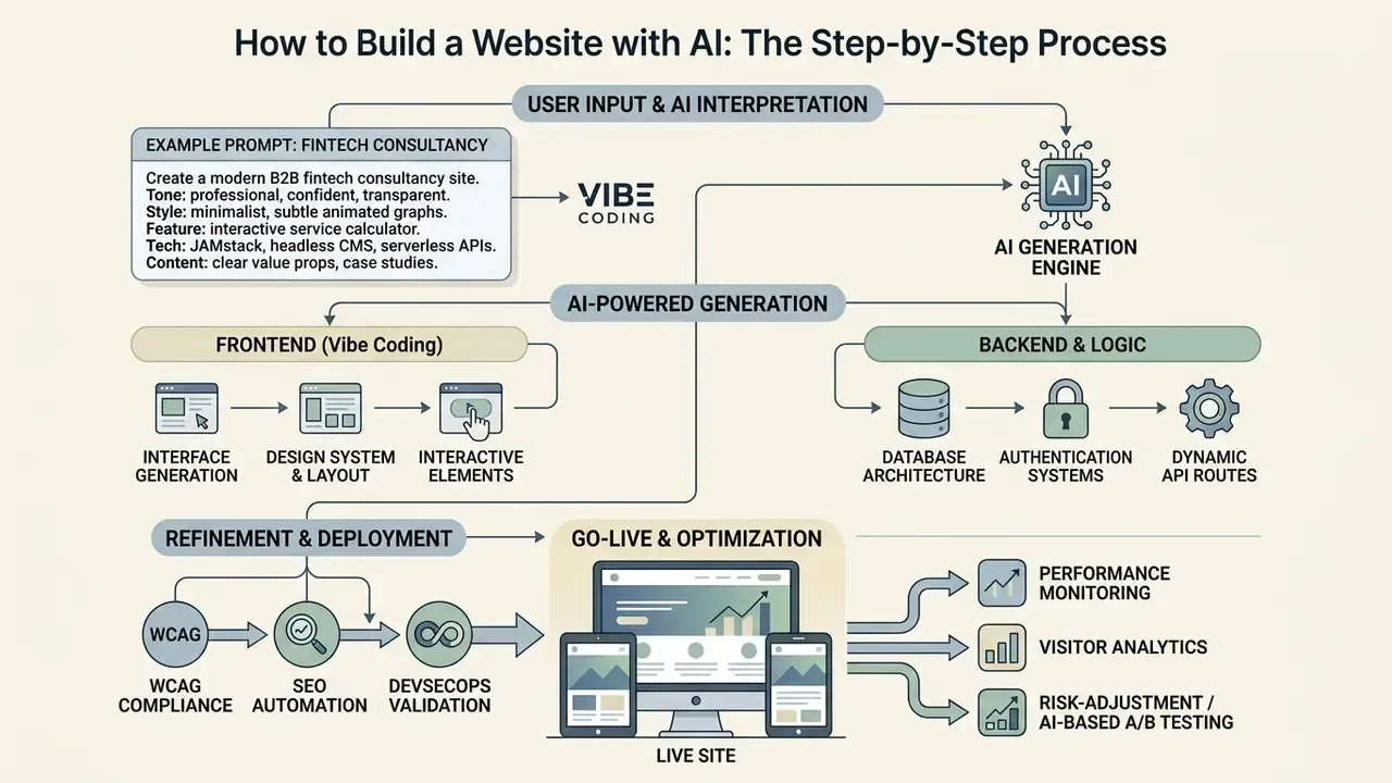 Infographic detailing the ai website generator workflow from prompt engineering to live deployment