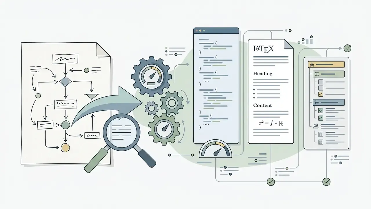 Hand-drawn flowchart being analyzed by a magnifying glass and converted into code and structured LaTeX