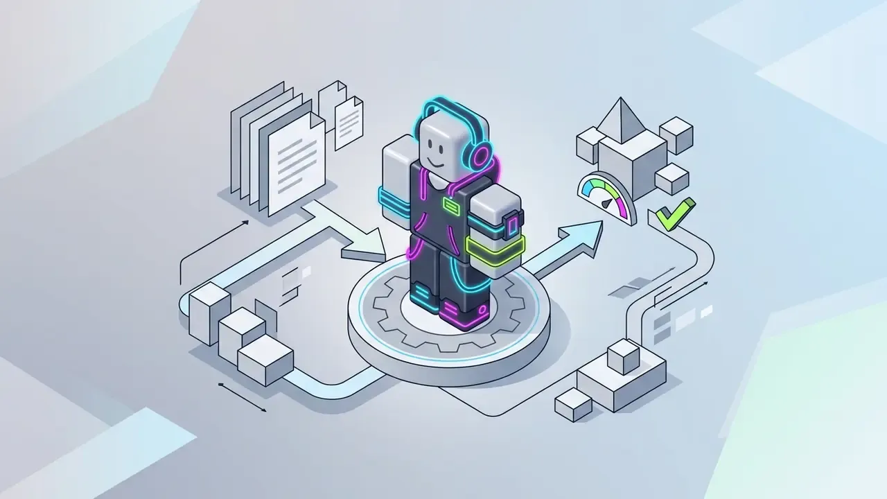 Blocky 3D avatar with neon accessories standing on a gear mechanism surrounded by document and data icons