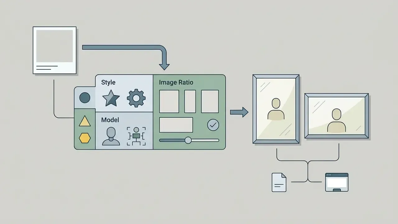 Diagram showing settings for style, model, and image ratio to produce vertical or horizontal outputs