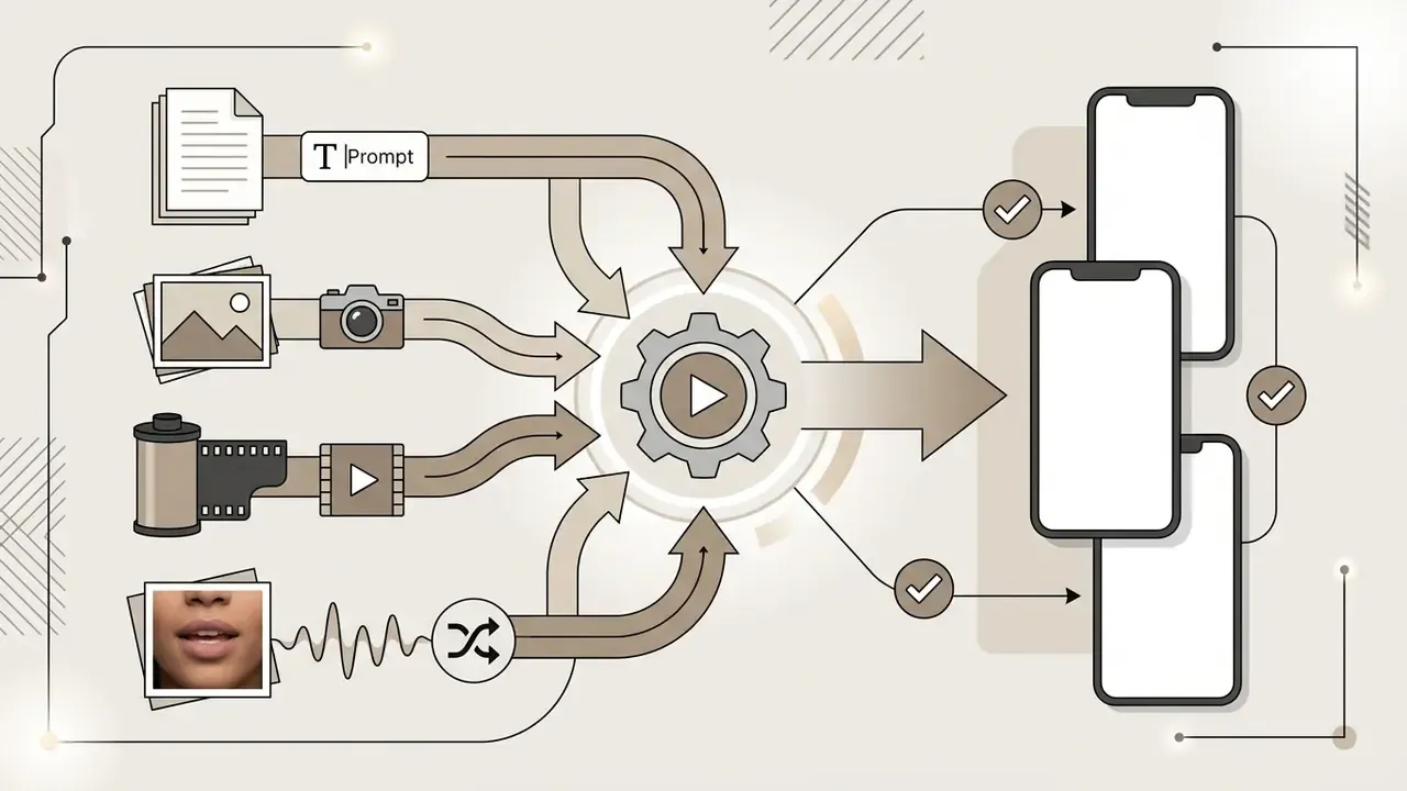 Four distinct media inputs converging into a central processing gear to produce vertical mobile videos