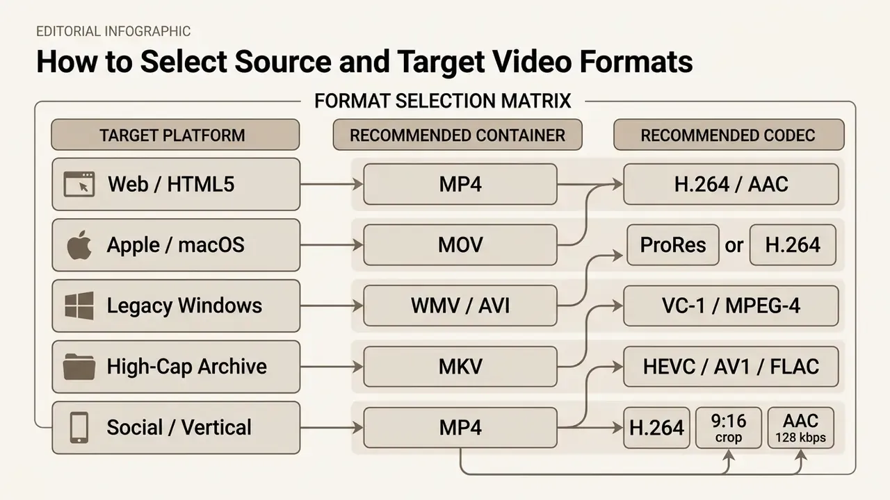 Table mapping target platforms to their recommended video containers and codecs with flow arrows