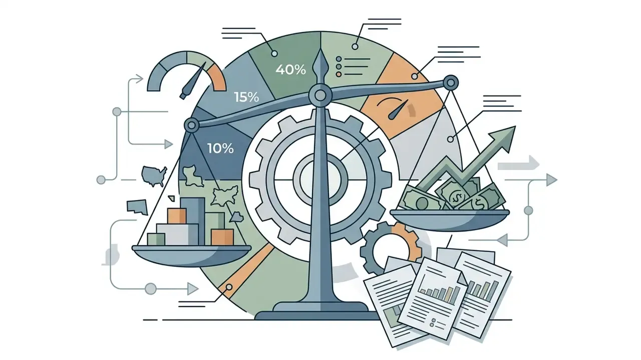 Balance scale weighing geographic data against financial growth metrics with documents and gear icons