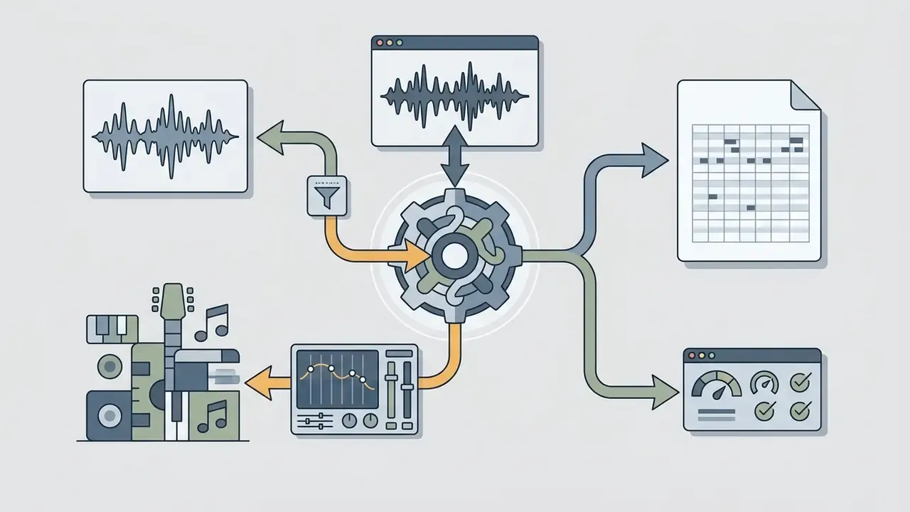 Central gear mechanism processing audio waveforms into separated vocal tracks, MIDI data, and EQ settings