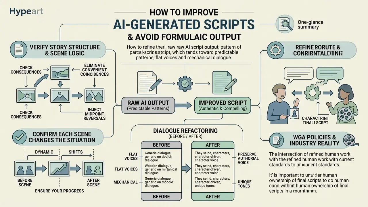 Infographic detailing methods to refine raw screenplays by improving story structure and dialogue quality