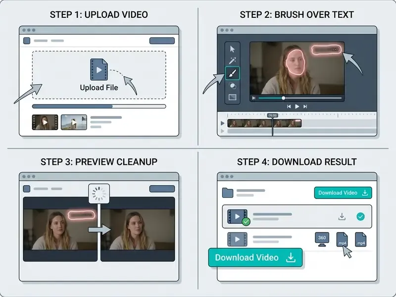 Four interface screenshots showing an upload, mask, preview, and download remove text from video tutorial