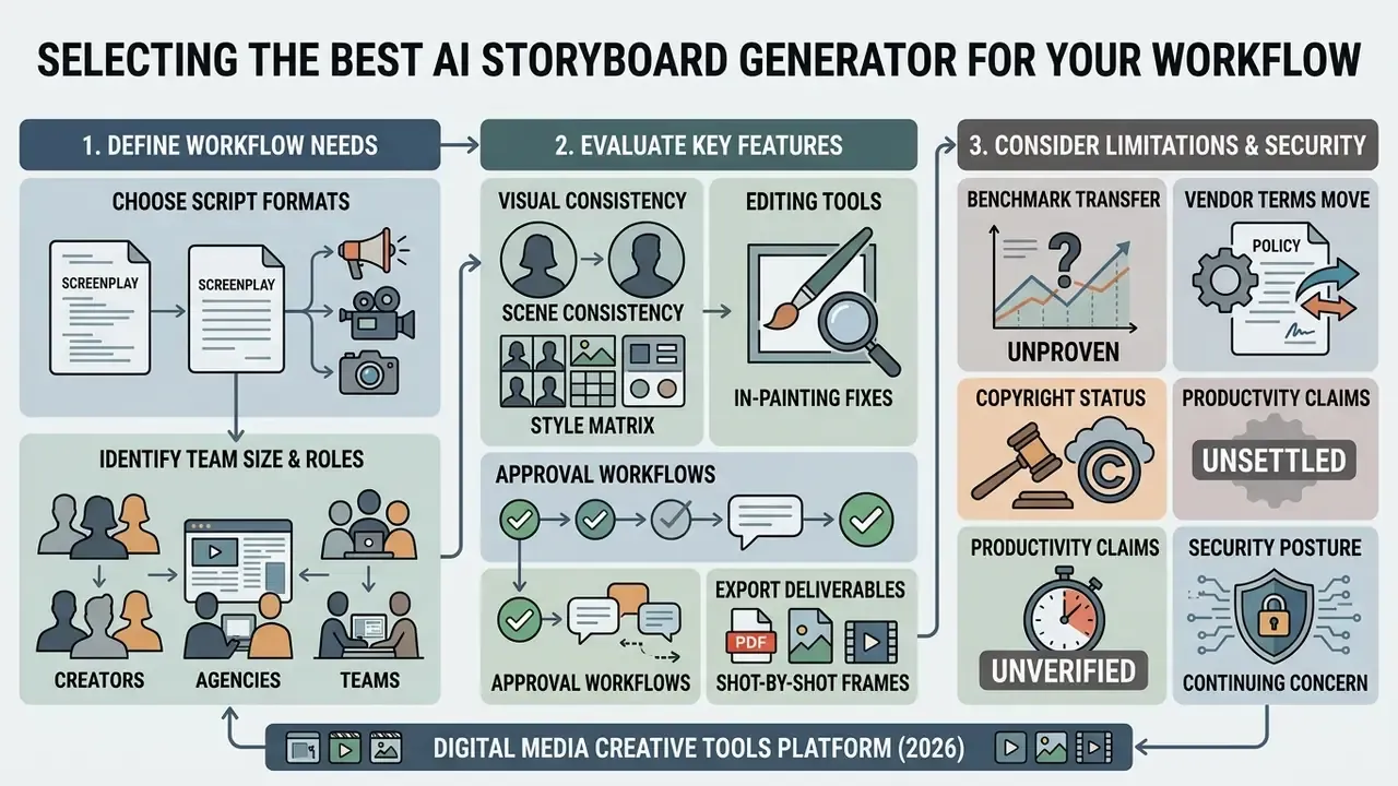 Three-part guide covering workflow needs, feature evaluation, and security considerations for media tools