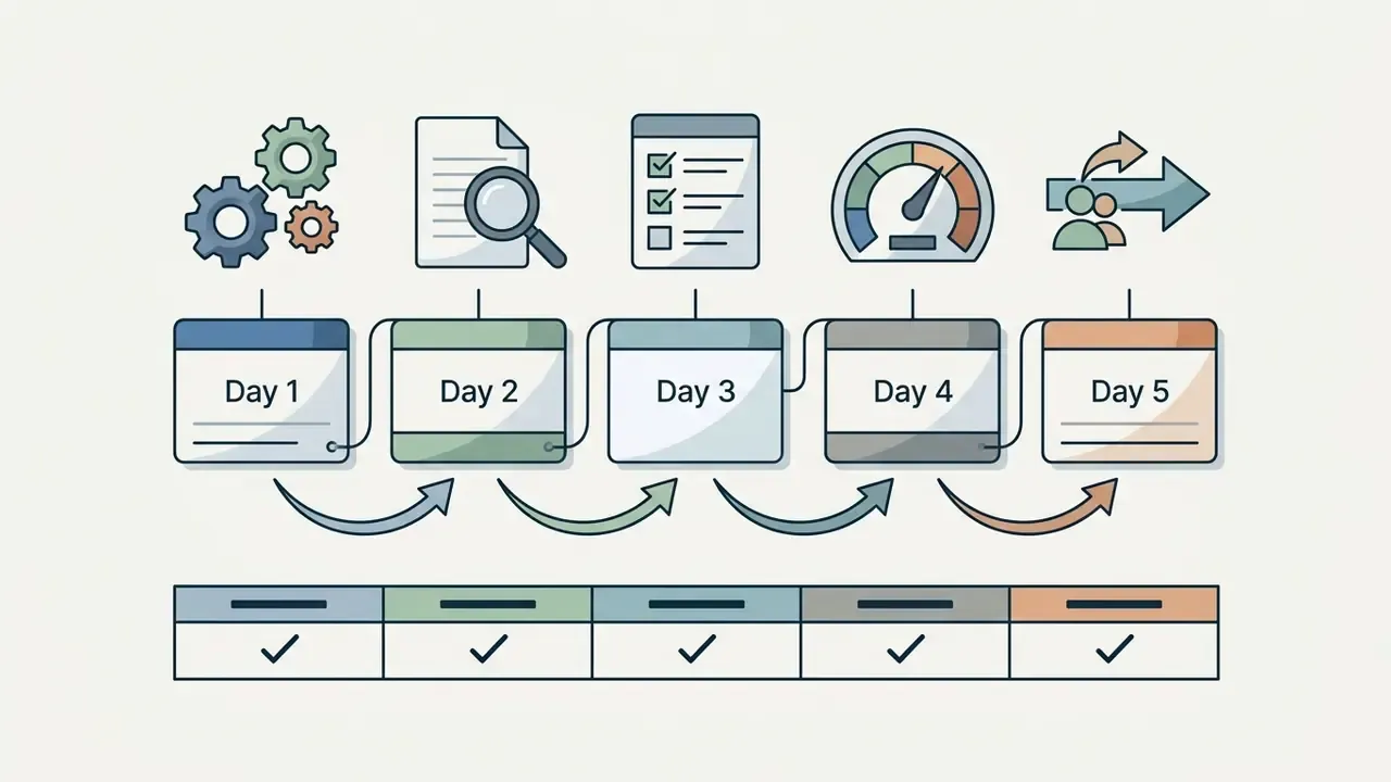Five sequential day blocks with icons for planning, research, checklists, pacing, and group collaboration