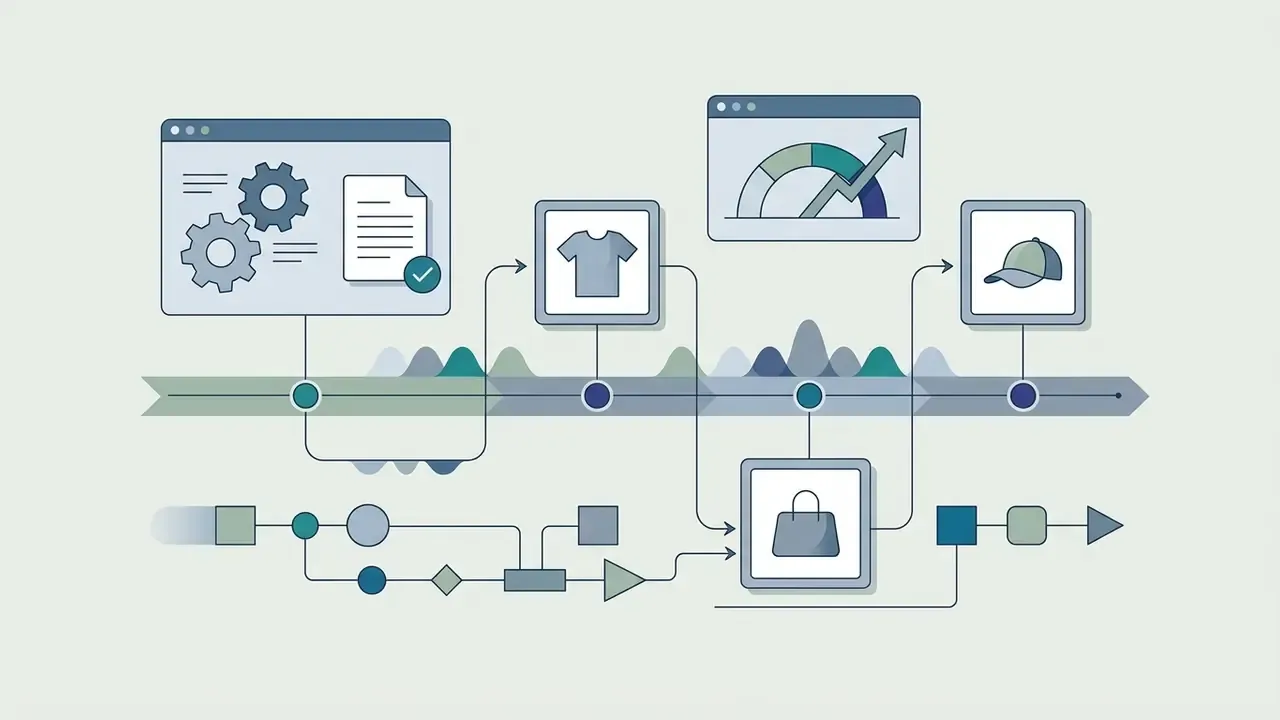 Timeline displaying product icons like shirts and bags integrated into a music visualization process