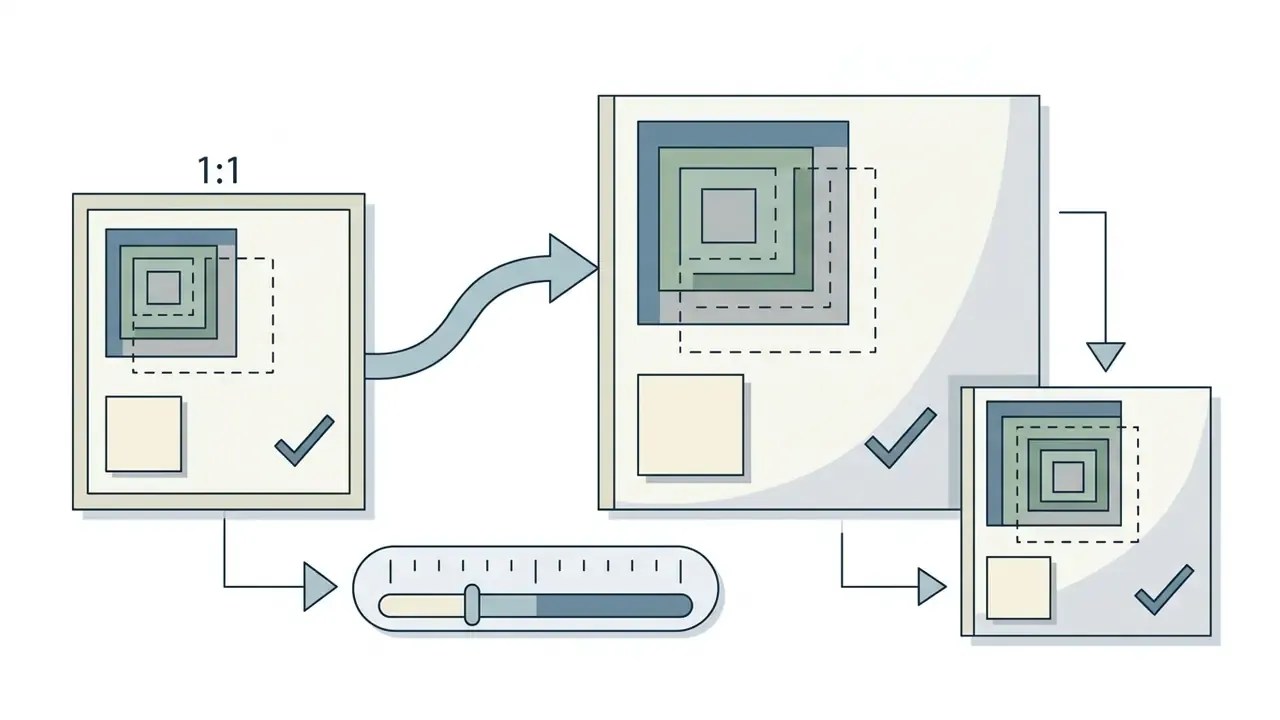 Squares of different sizes connected by arrows and a slider representing proportional scaling