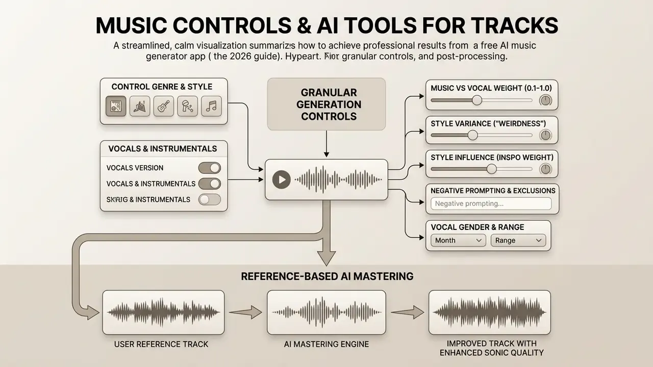 Layout of granular generation parameters and reference-based mastering for audio production