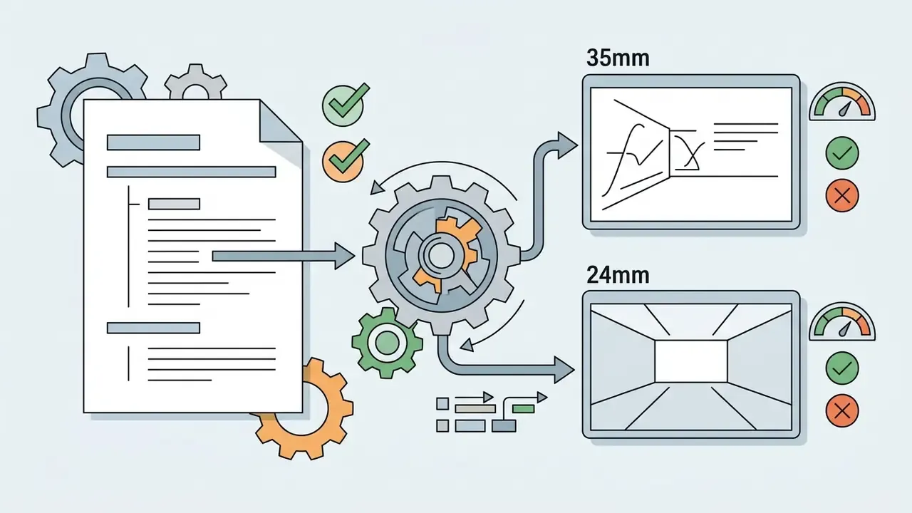 Document feeding into a gear mechanism that outputs two distinct camera lens focal length perspectives