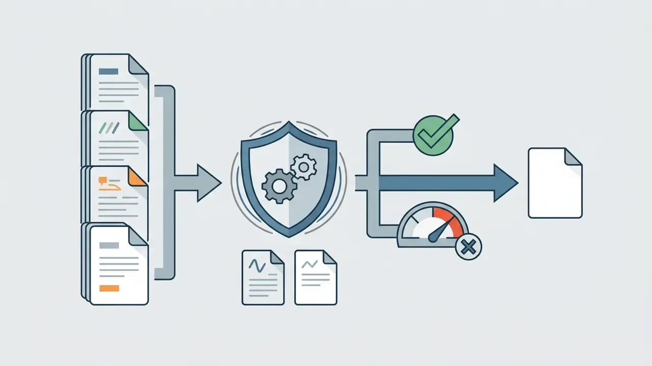 Files feeding into a shield with gears that branches toward a checkmark or gauge and a final document