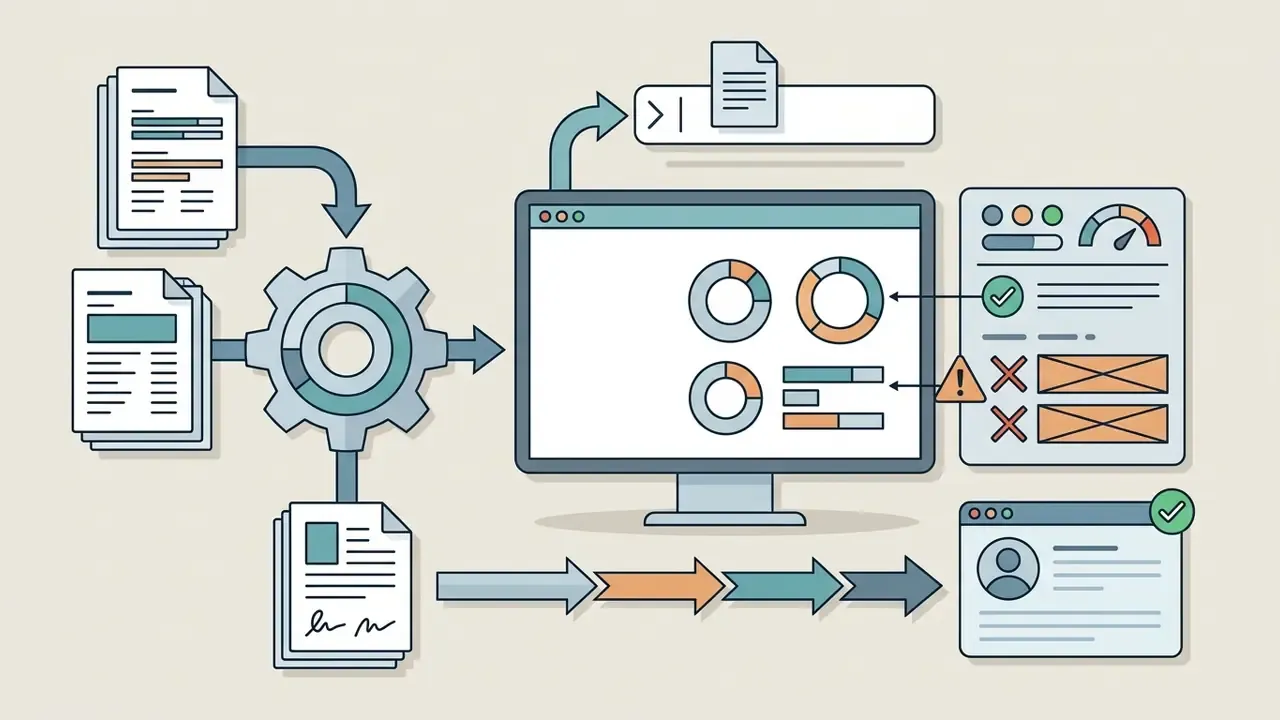 Documents feeding into a central gear processing engine that outputs data to a dashboard and user profile
