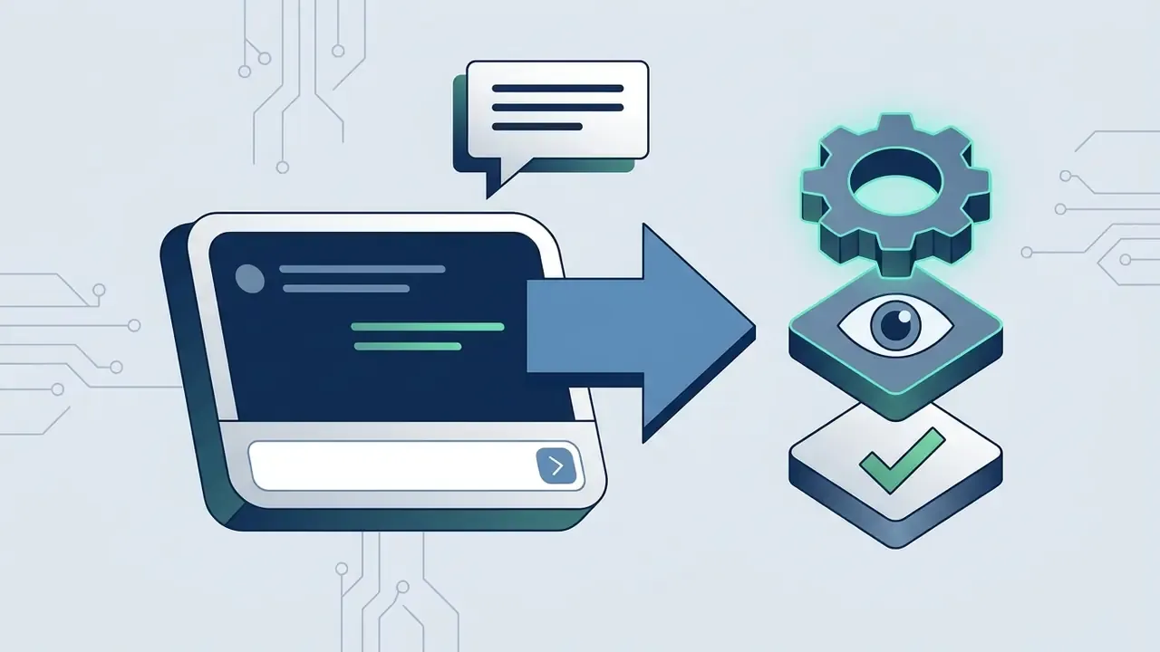 Chat interface with an arrow pointing to stacked icons of a gear, an eye, and a checkmark