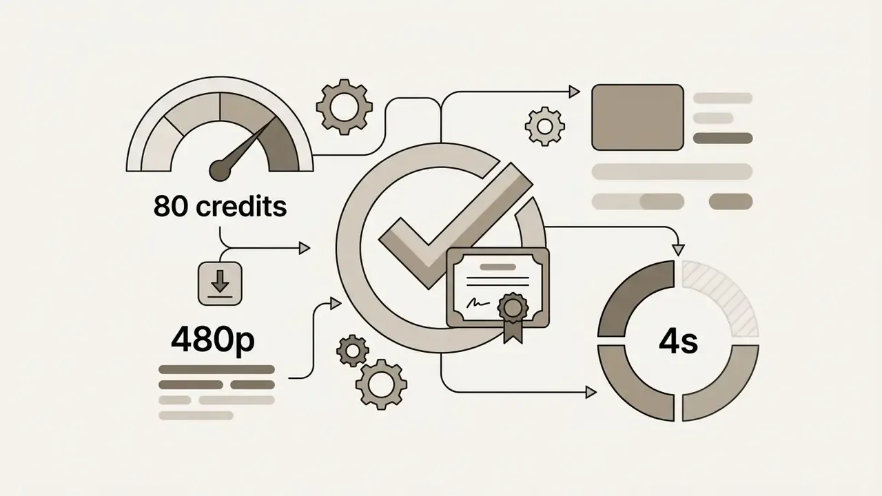 Speedometer and credit icons linked to a checkmark, certificate, and timer showing a four second limit