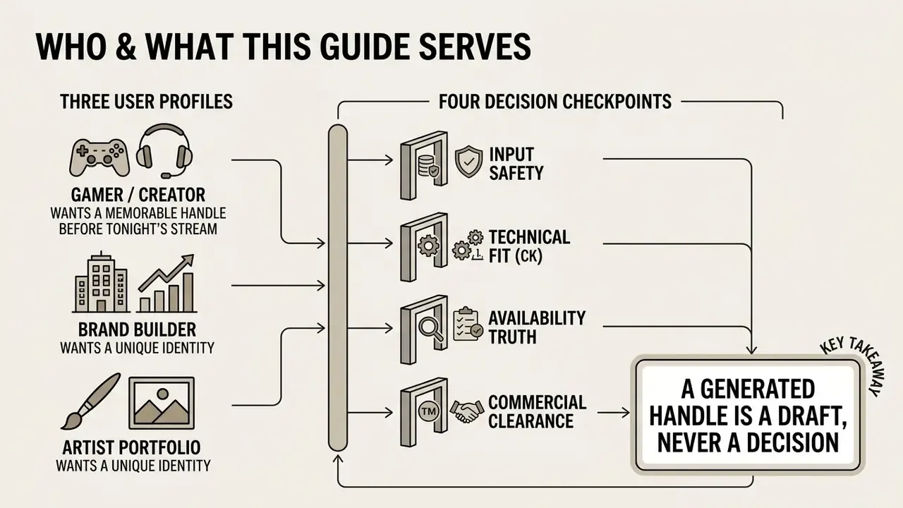 Infographic showing three user types flowing through four decision checkpoints to reach a key takeaway