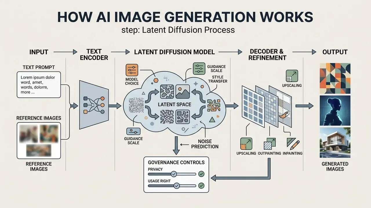 Flowchart detailing the latent diffusion process from text prompt input to final image generation