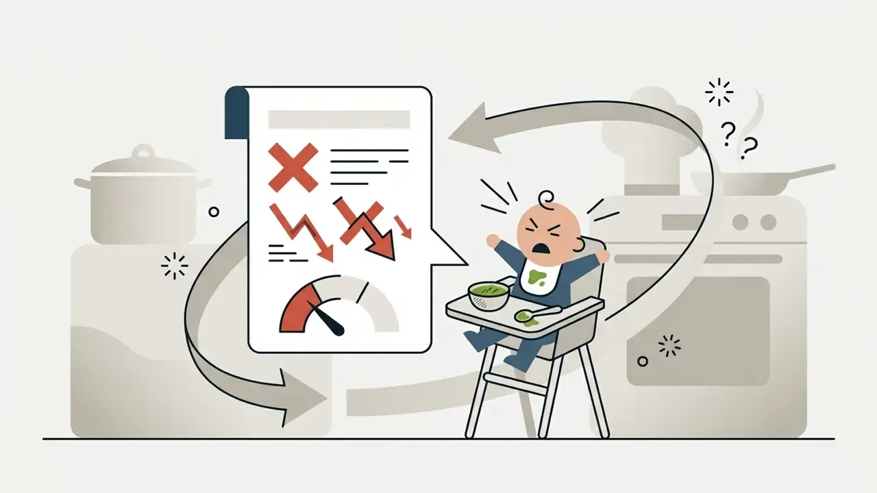 Crying baby in a high chair rejecting food with a speech bubble showing negative performance charts
