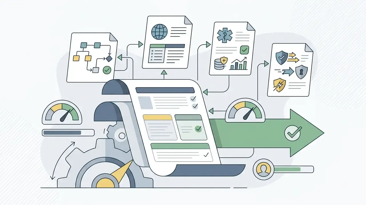 Documents representing security compliance and audit reports linked to a central assessment dashboard