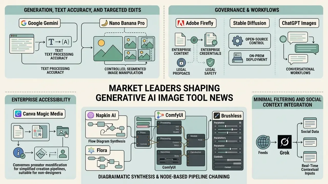 Comparative diagram mapping the technical workflows and capabilities of major generative AI image platforms