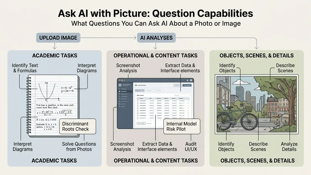 Categorized breakdown of visual analysis tasks including academic, operational, and scene interpretation