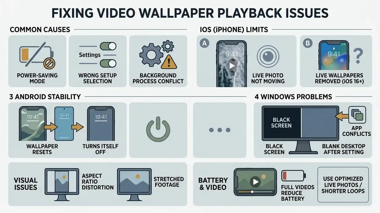 Diagram detailing common causes for video wallpaper playback issues on mobile and desktop devices