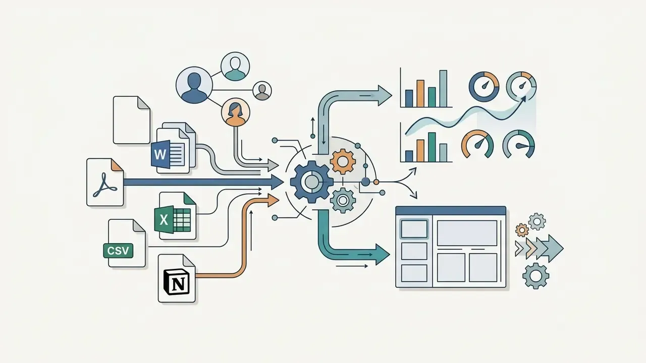 Various file icons and user avatars feeding into a central gear system that outputs charts and slide layouts