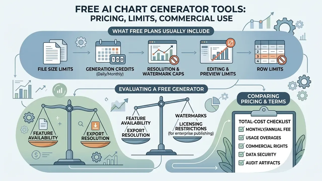 Comparison infographic showing plan limits, evaluation scales for features, and a cost checklist