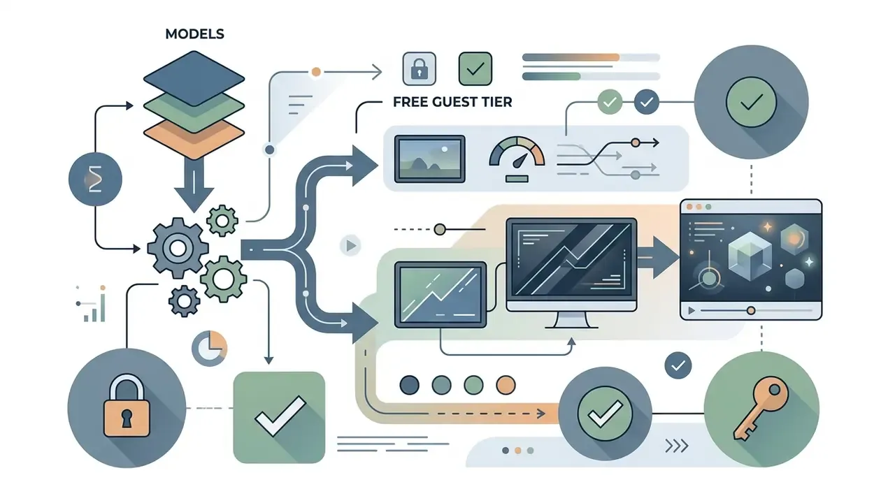 System flow showing model selection and configuration options for free guest access and premium tiers