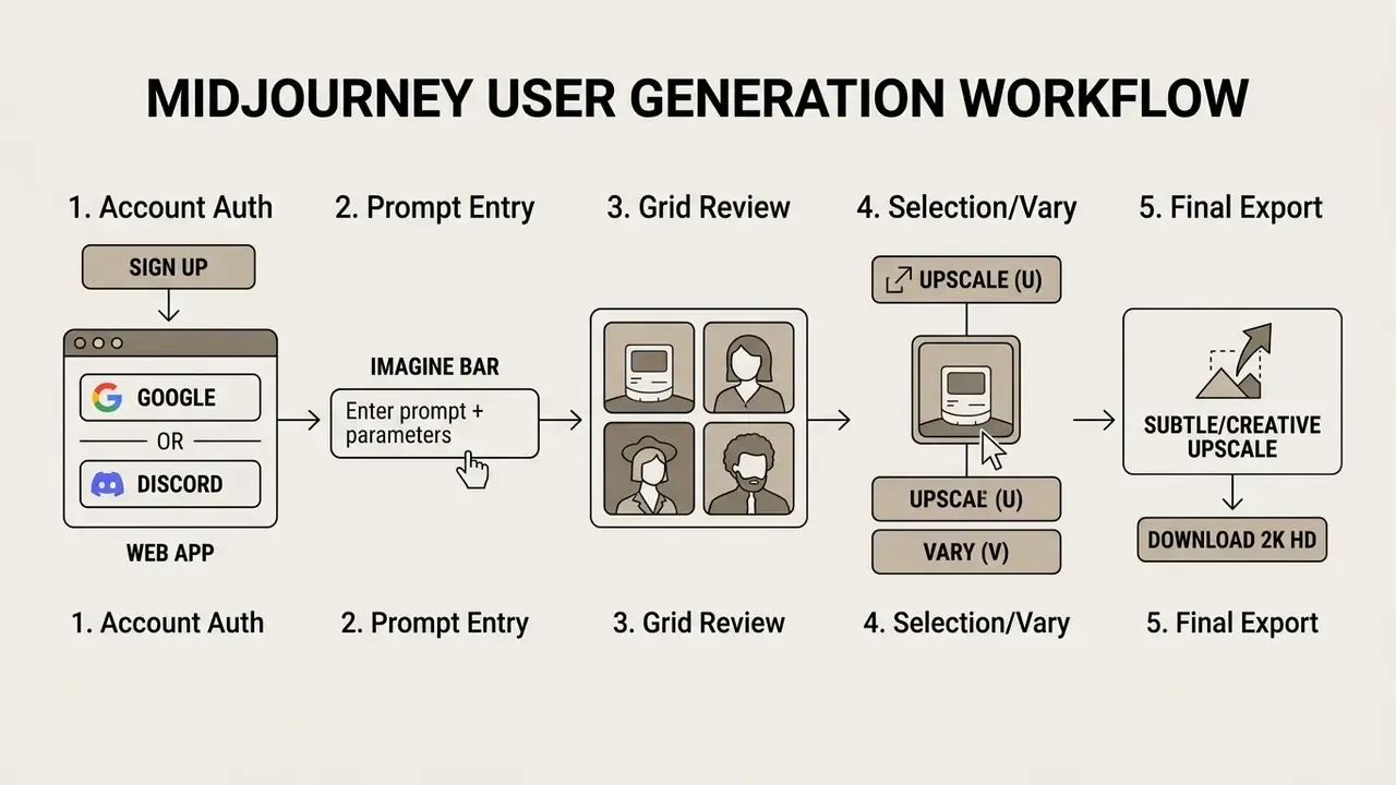 Diagram detailing the five steps of the Midjourney AI image generation process from login to download